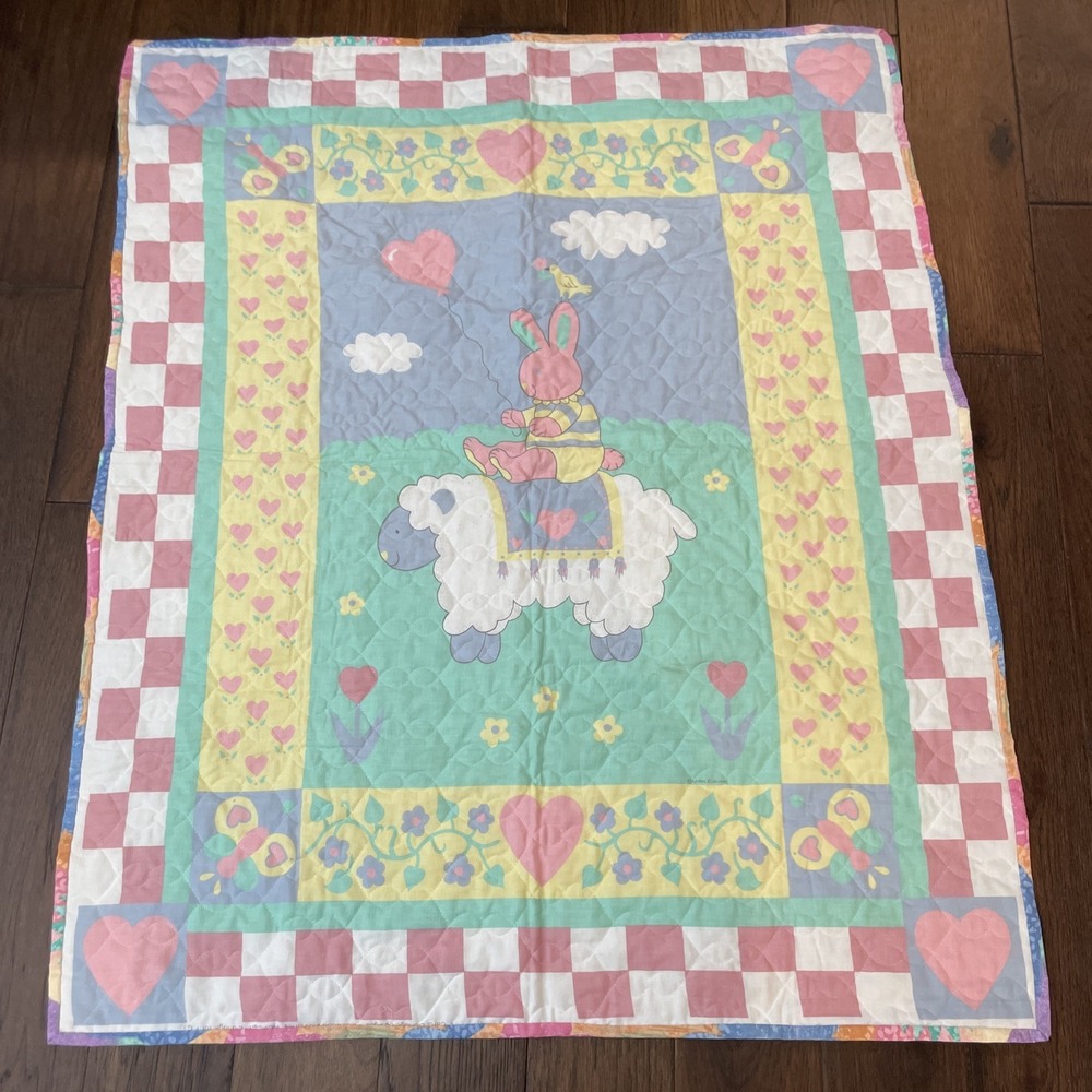 Handmade Carol Eldridge Bunny Riding Lamb Baby Quilt Vintage Nursery Blanket